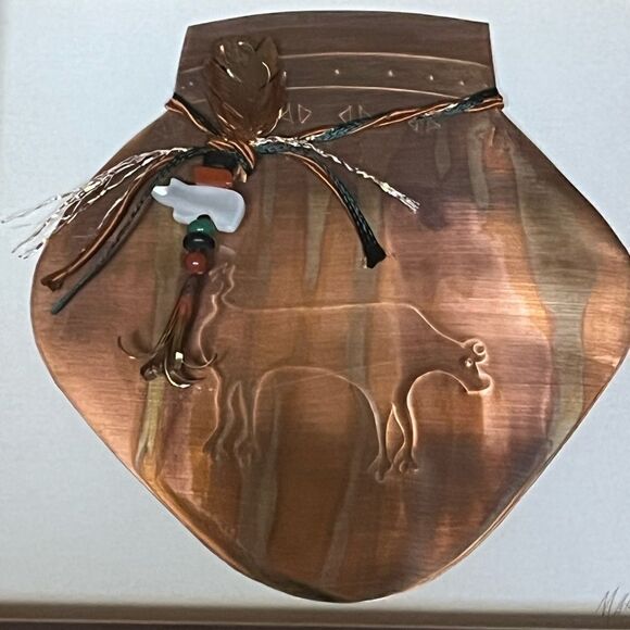 Southwest Copper Repousse Pottery By Oberkirsch Framed Matted Signed Cow Steer - Picture 2 of 4
